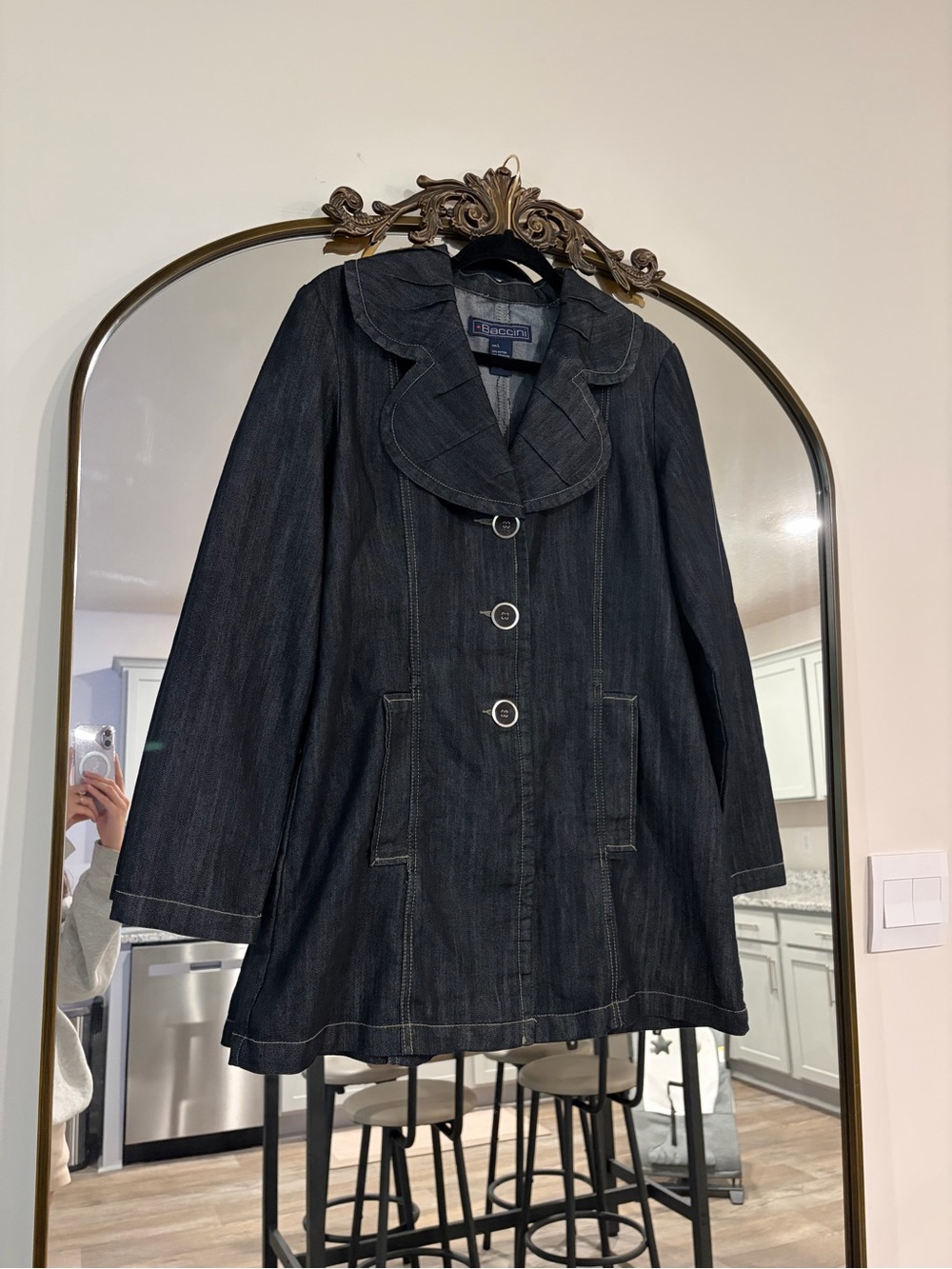 Dark Blue Denim Jacket with Buttons and Bold Collar Outdoors Winter Layering